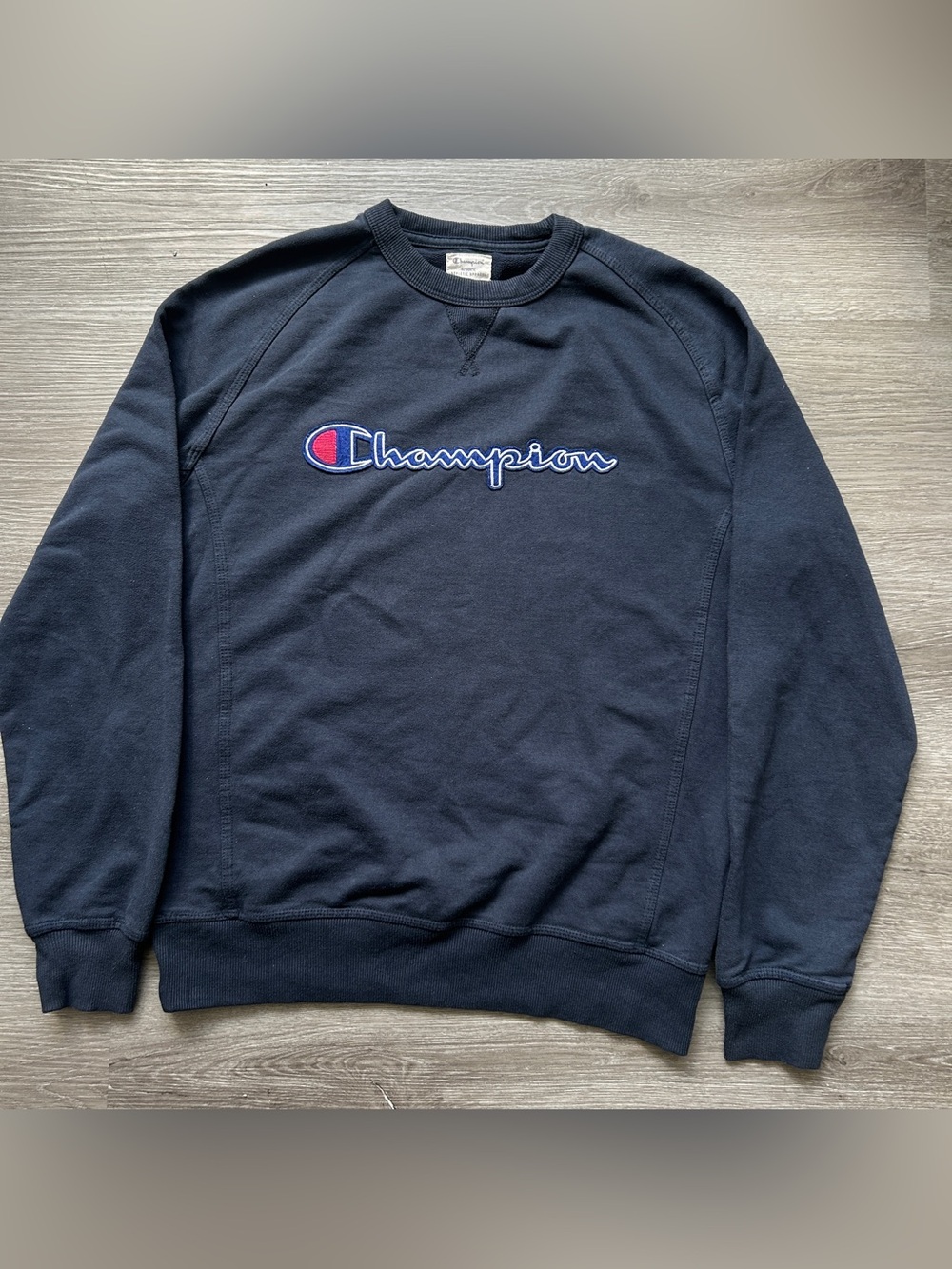 Champion Navy Blue Crewneck Sweatshirt with Red & White Logo
